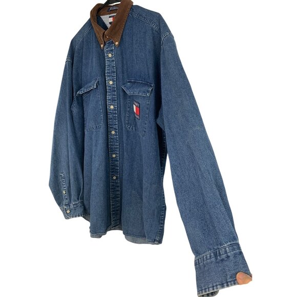 Vintage Y2K Tommy Jeans Denim Shirt Sz XL Corduroy Collar Logo Pocket RW10330 - Picture 3 of 8